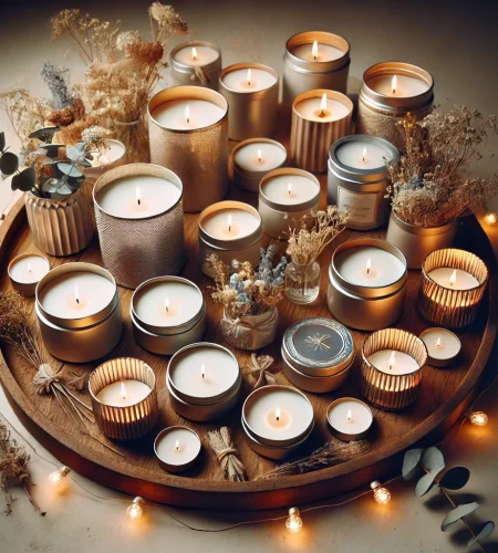 DALL·E 2025-01-16 00.36.53 - A visually captivating image for a candle store carousel. This image showcases a selection of luxurious candles in elegant glass jars and metallic tin