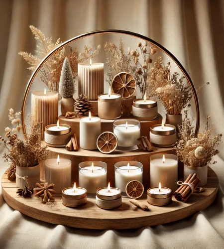 DALL·E 2025-01-16 00.37.38 - A unique and visually appealing image for a candle store carousel. The scene features a collection of candles displayed on a rustic wooden shelf with